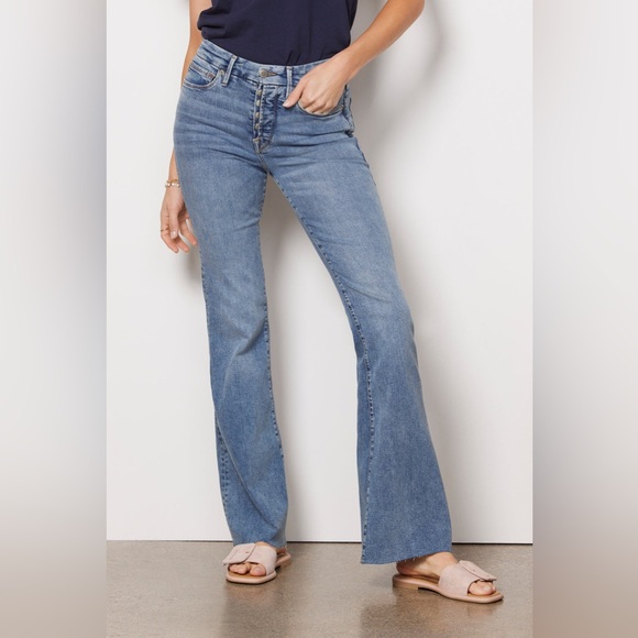 Good American Good Legs Flare Jeans Sz 28 in Indigo 330 Raw Hem - Picture 2 of 10